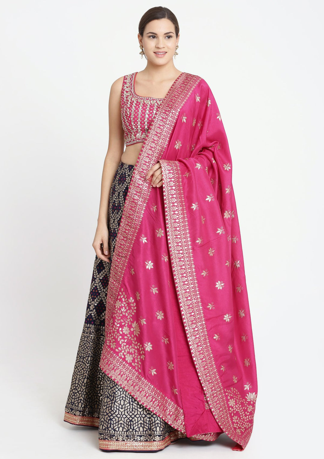 Navy Blue and Fuschia Gotapatti Brocade Designer Lehenga-Koskii