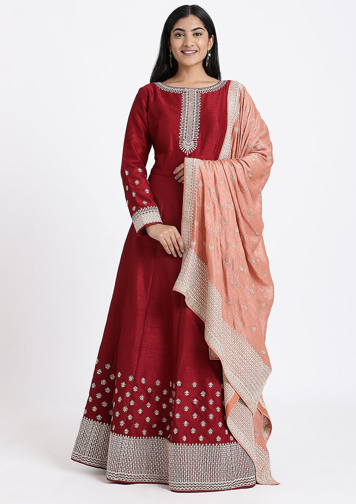 Maroon Zariwork Rawsilk Designer Gown-Koskii