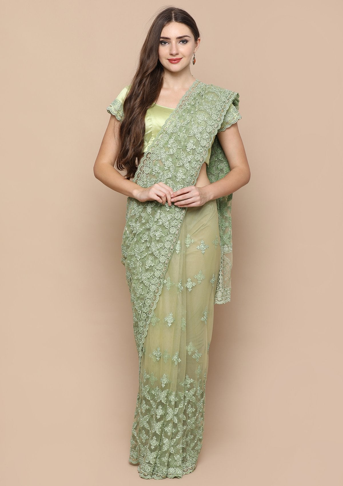Pista Green Embellished Silk Designer Saree-Koskii