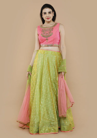 Green and Pink Tissue Silk Designer Lehenga-Koskii