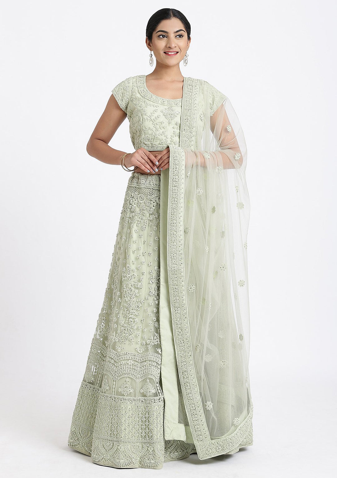 Pista Green Threadwork Net Designer Lehenga-Koskii