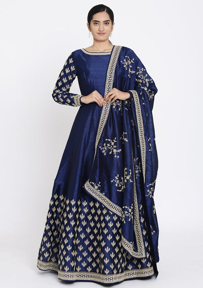 Navy Blue Zariwork Raw Silk Designer Gown - koskii