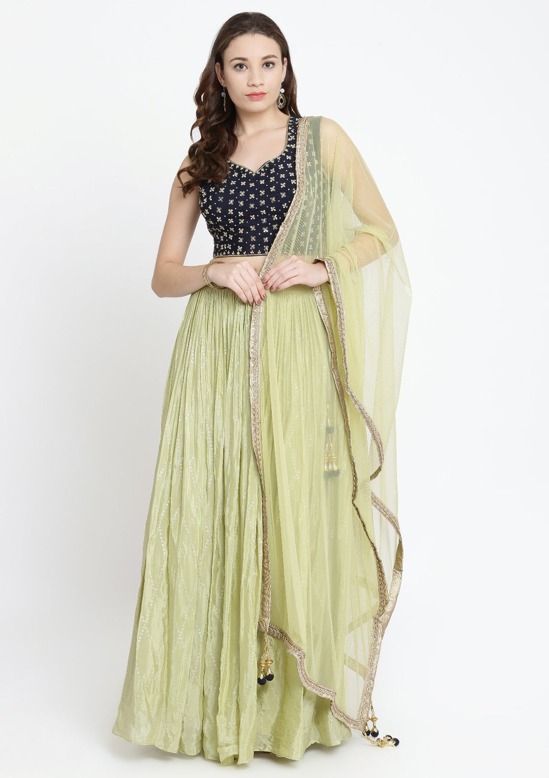 Pista Green and Navy Blue Mirrorwork Satin Designer Lehenga-Koskii