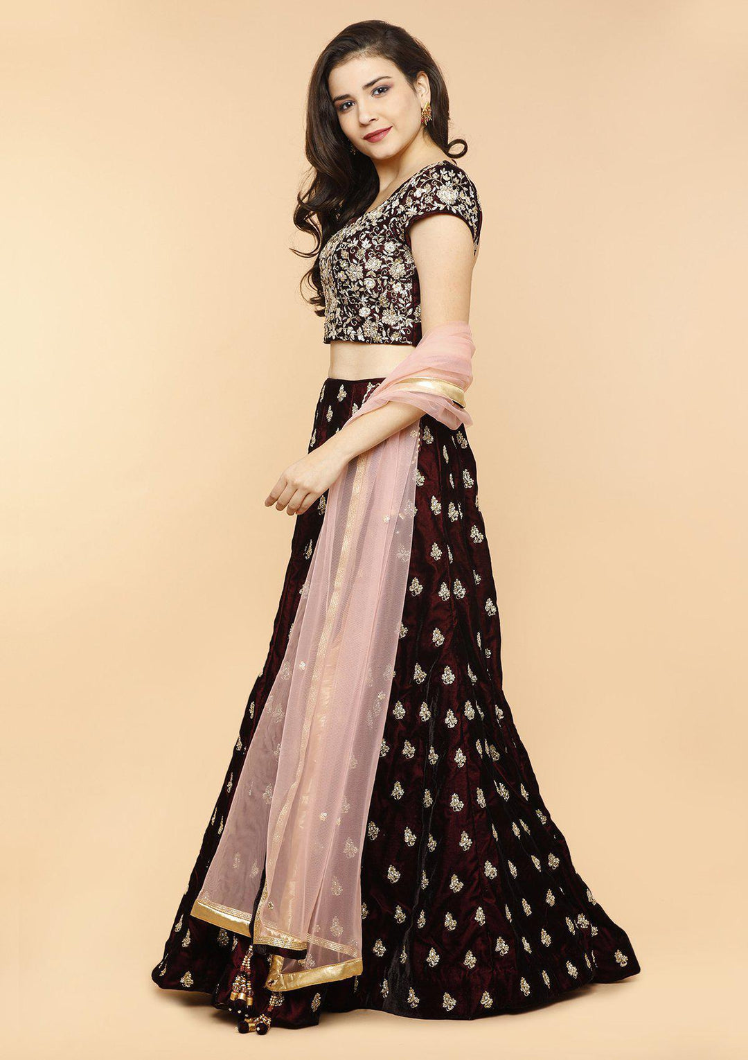 Wine and Gold Velvet Designer Lehenga-Koskii