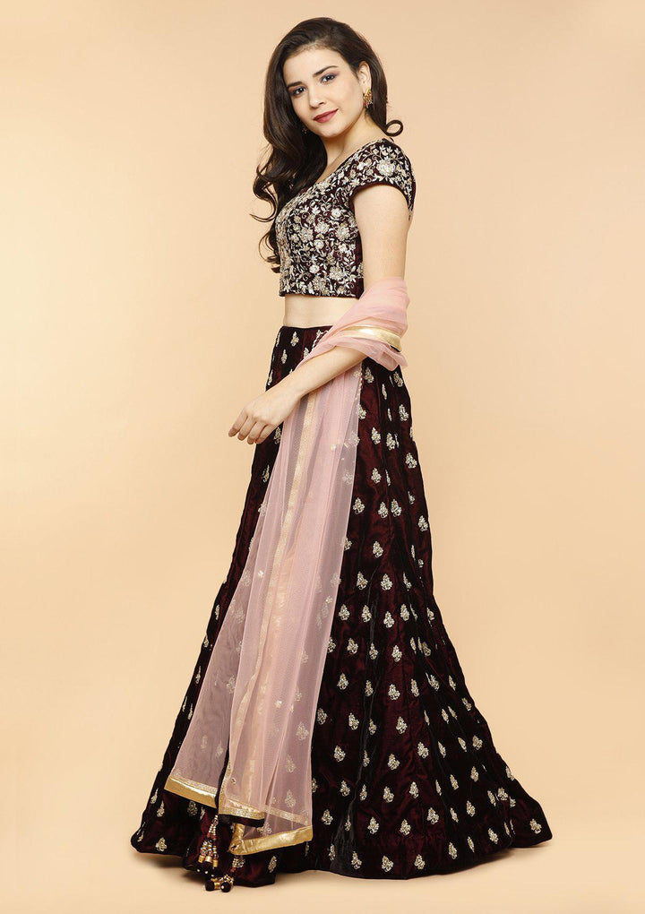 Wine and Gold Velvet Designer Lehenga-Koskii