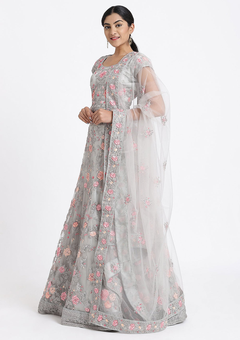 Silver Threadwork Net Designer Lehenga-Koskii