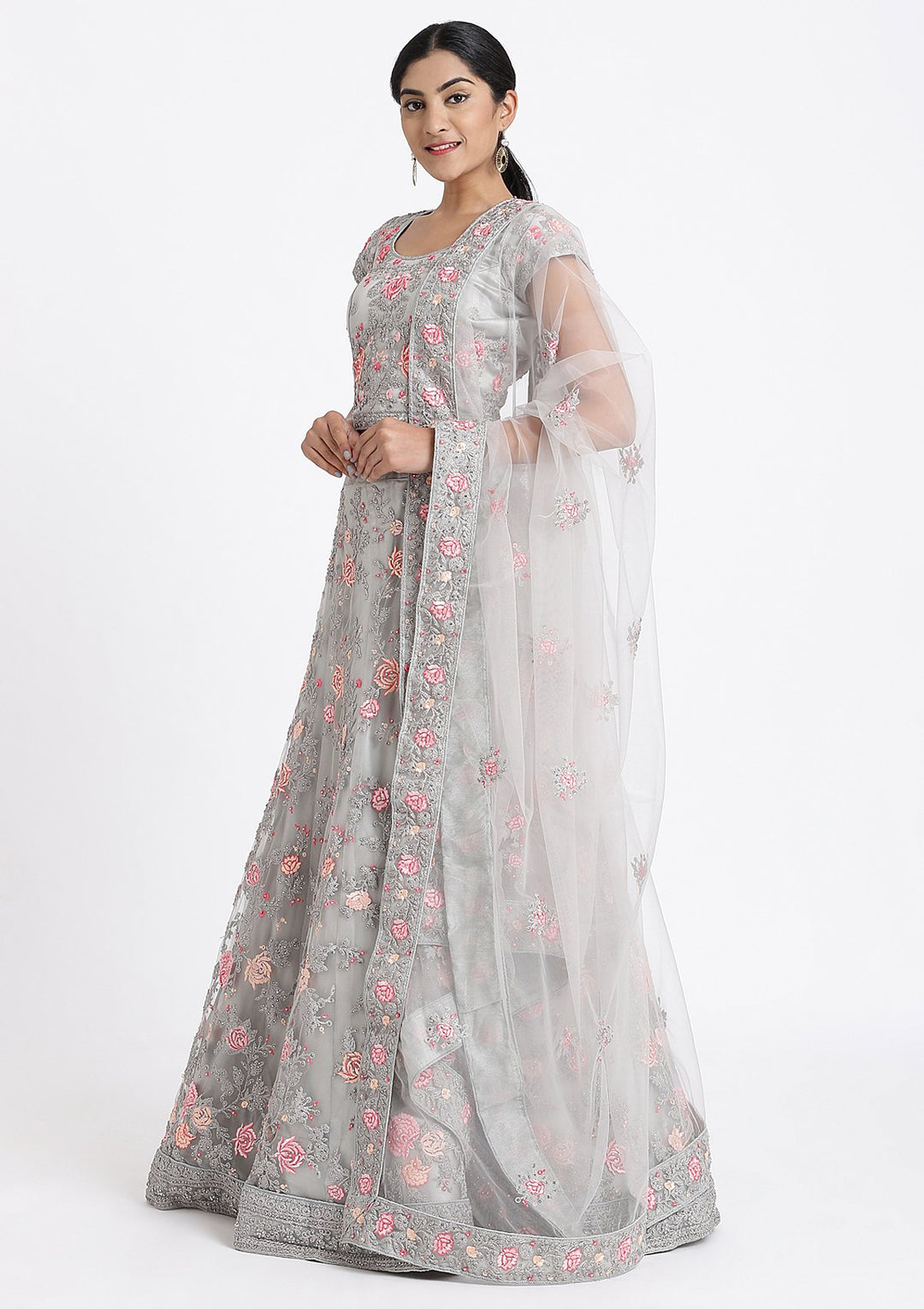 Silver Threadwork Net Designer Lehenga-Koskii