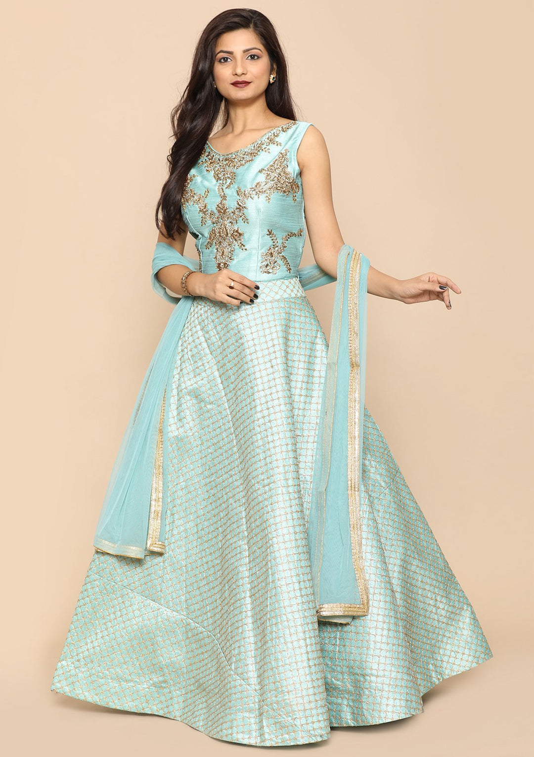 Sea Green Micro Stone Net Designer Lehenga-Koskii