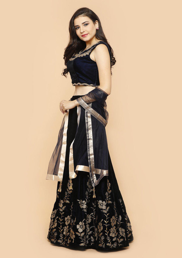 Midnight Blue Embellished Velvet Designer Lehenga-Koskii