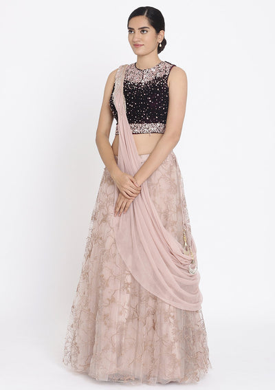 Lavender And Wine Stonework Net Designer Lehenga - koskii