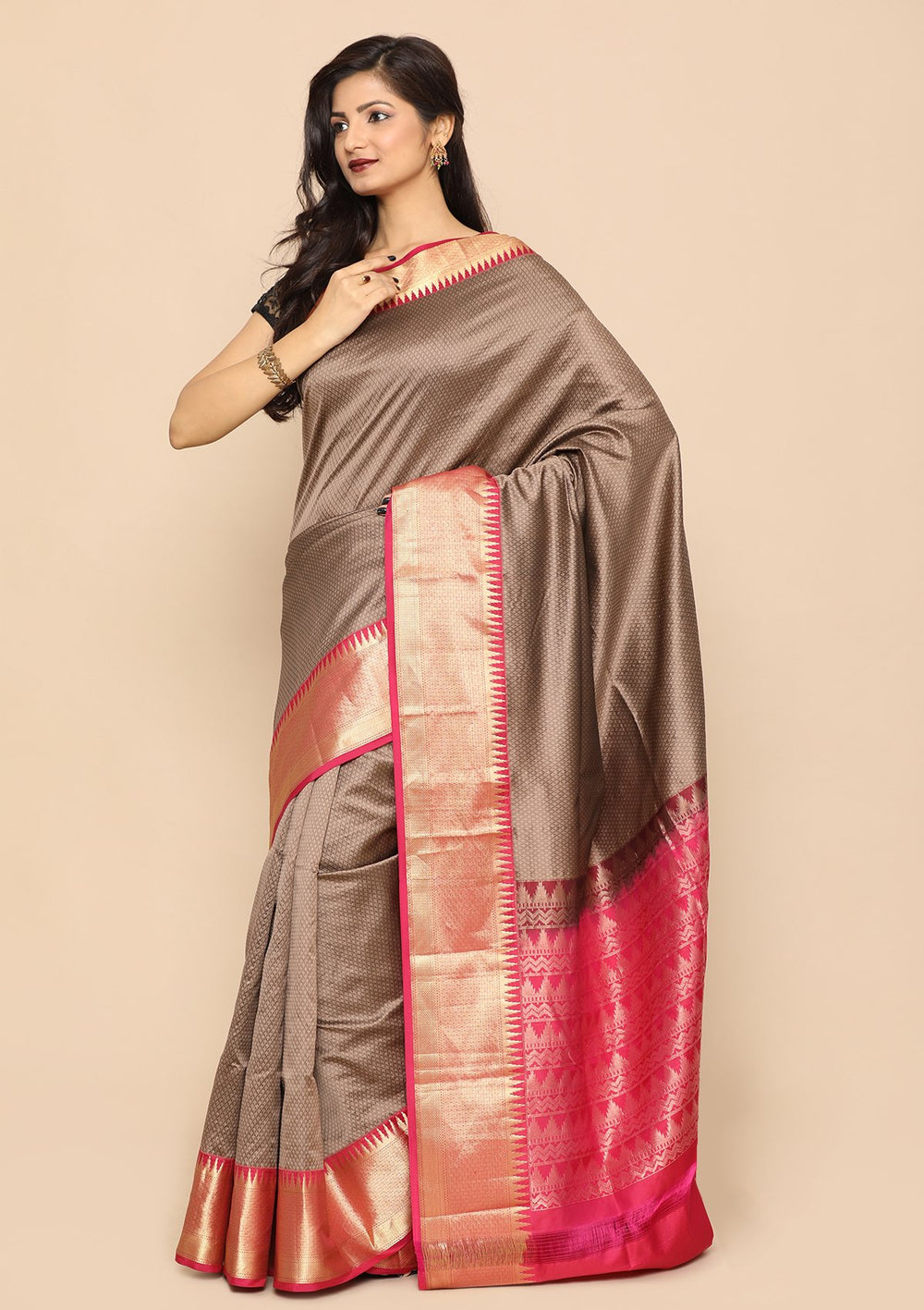 Brown Contrast Border Handmade Saree-Koskii