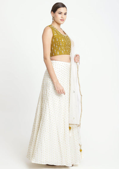 Mustard and Cream Zardozi Chanderi Designer Lehenga-Koskii