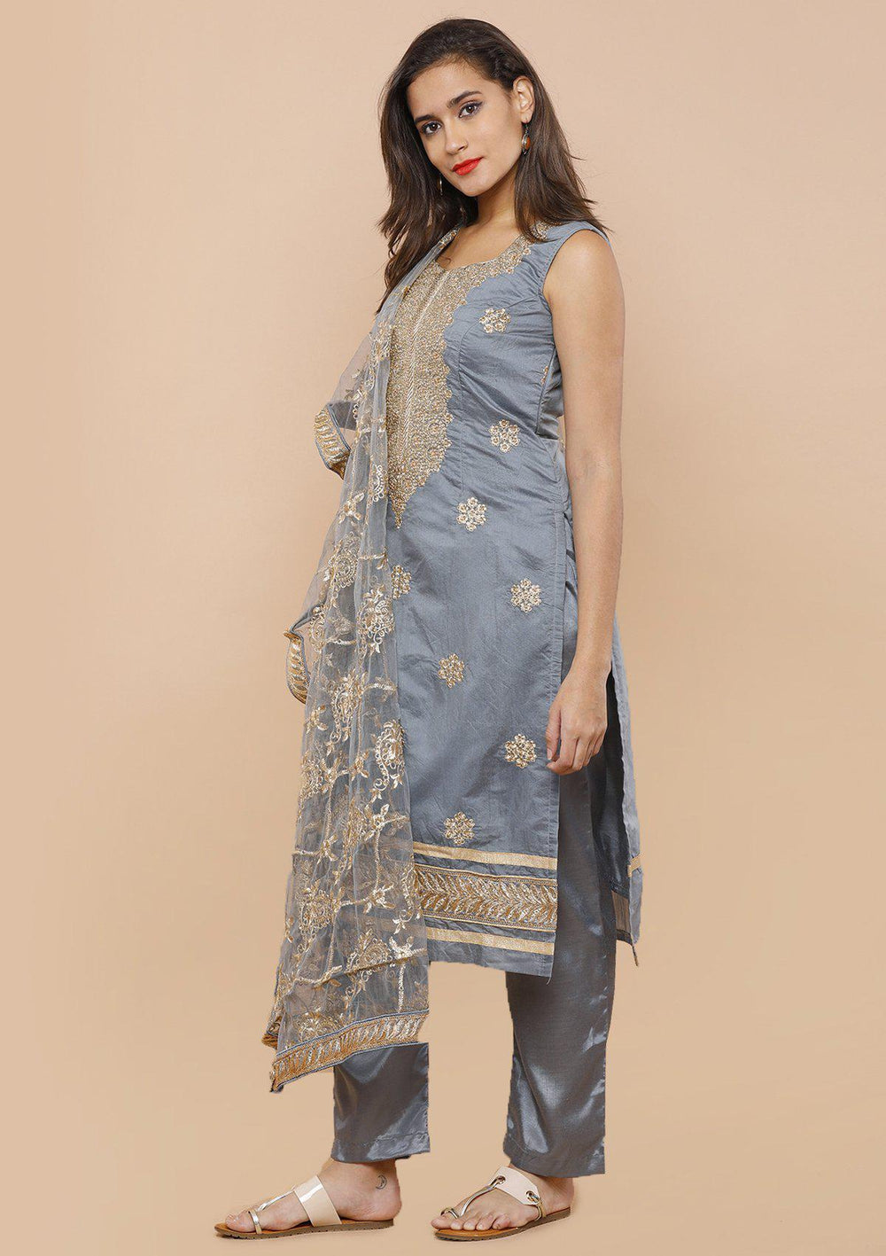 Grey Stone Work Chanderi Silk Designer Salwar Suit-Koskii