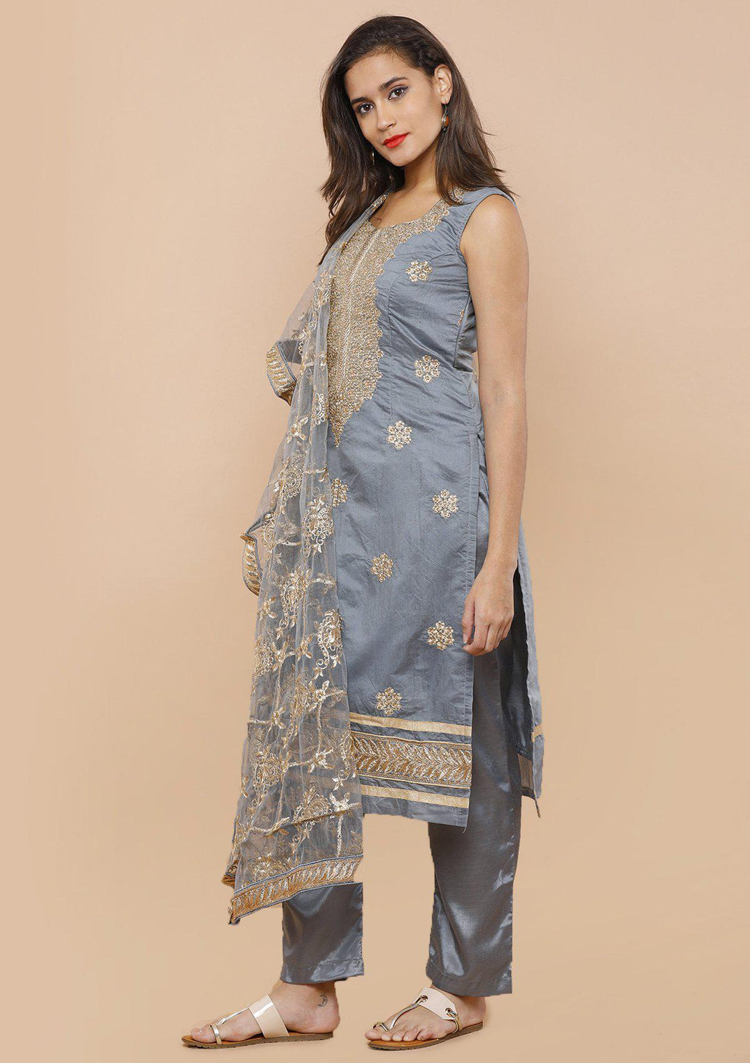 Grey Stone Work Chanderi Silk Designer Salwar Suit-Koskii