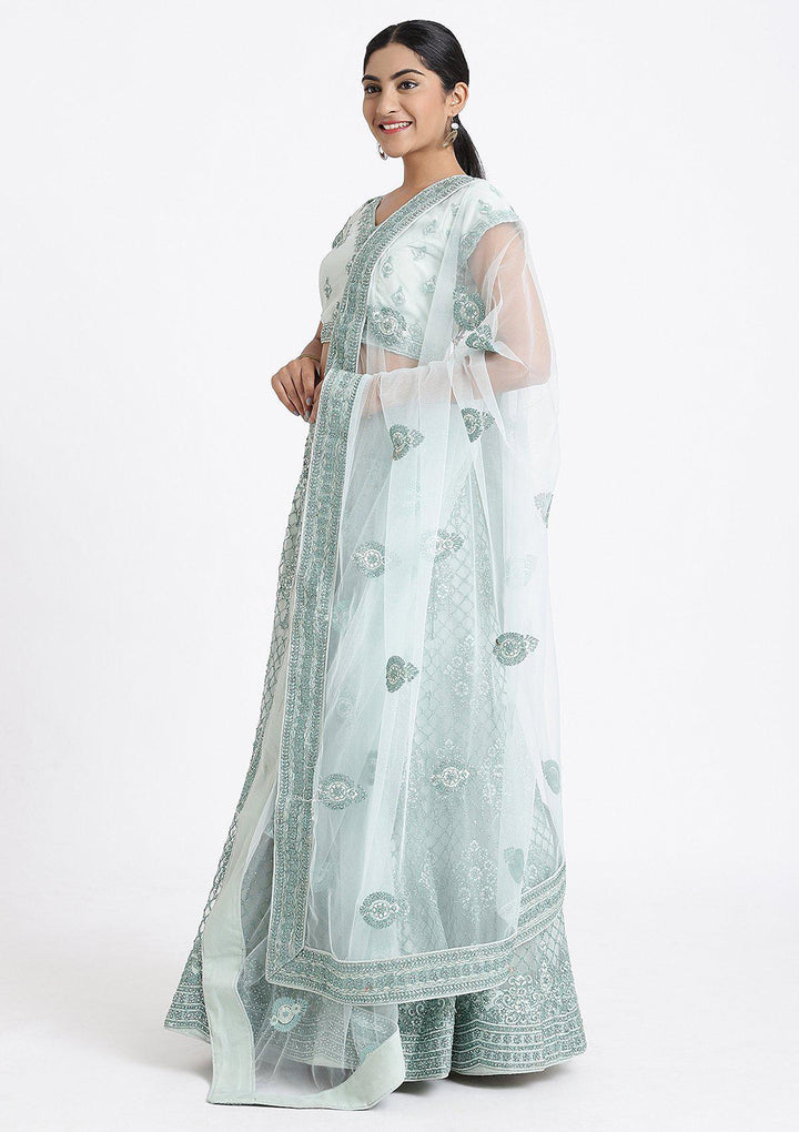 Sea Green Stone Work Net Designer Lehenga-Koskii