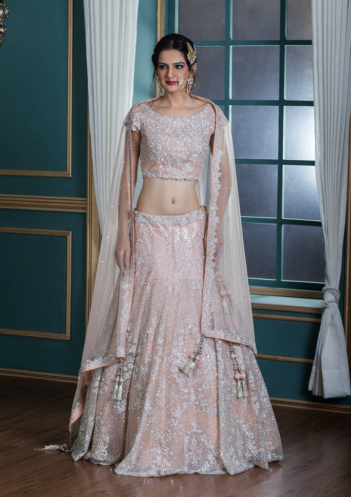 Peach Sequinned Net Designer Lehenga-Koskii