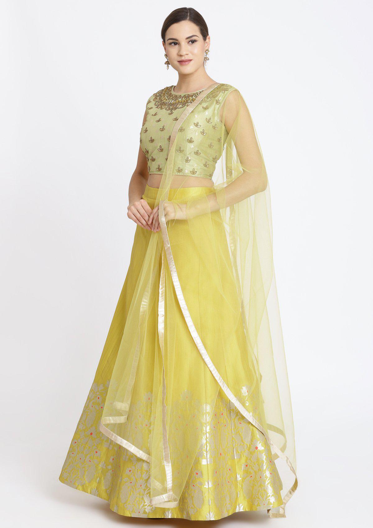 Yellow Pearlwork Art Silk Designer Lehenga-Koskii