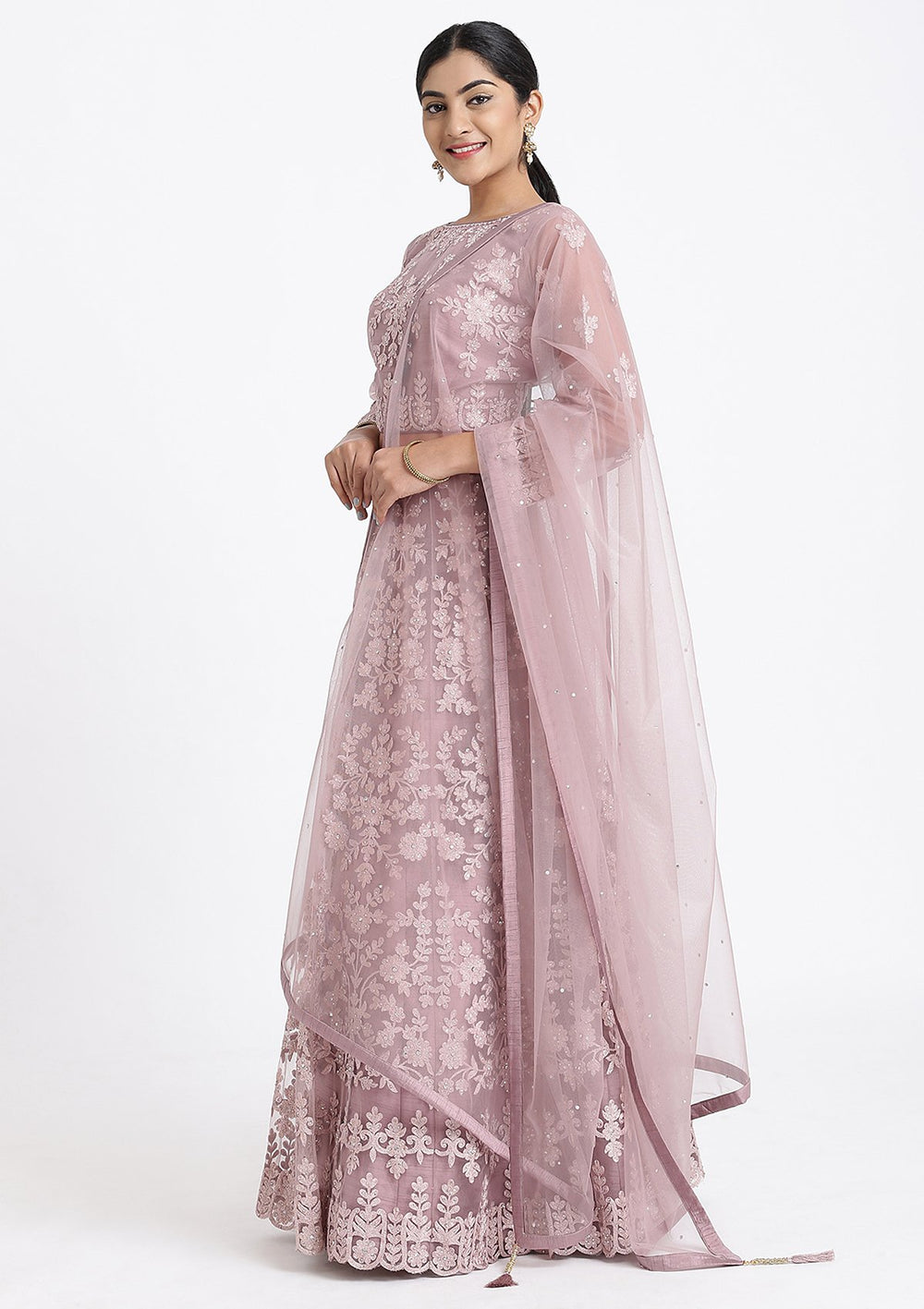 Mauve Threadwork Net Designer Lehenga-Koskii