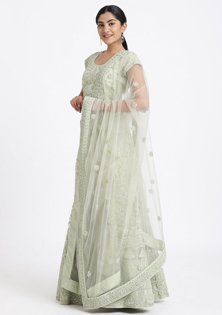 Pista Green Threadwork Net Designer Lehenga-Koskii