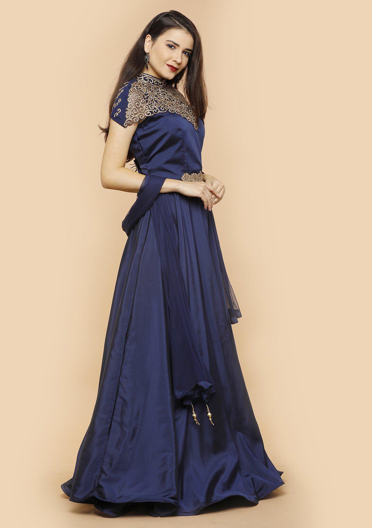 Prussian Blue Embellished Silk Designer Gown-Koskii