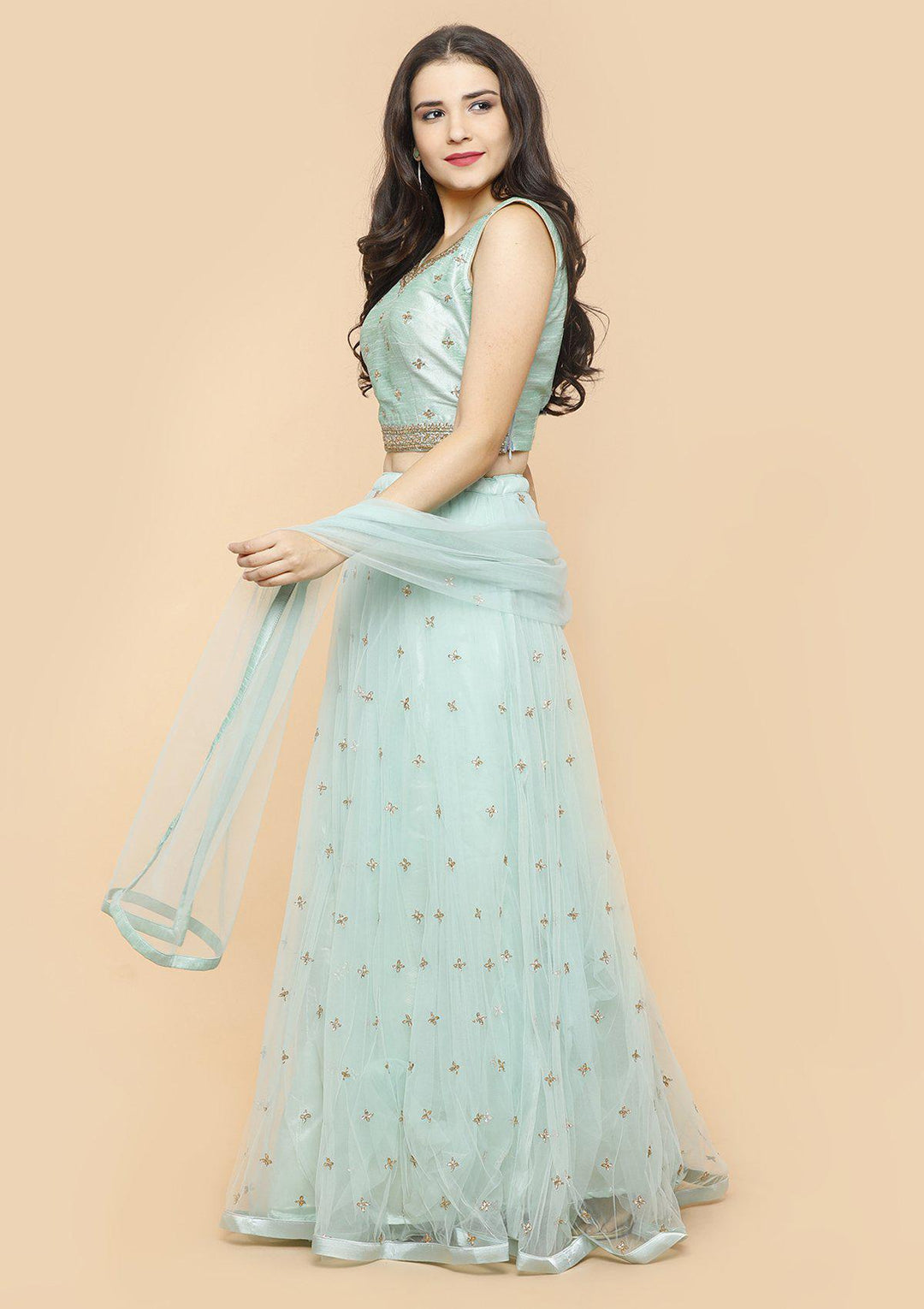 Sea Green Embellished Silk Designer Lehenga-Koskii