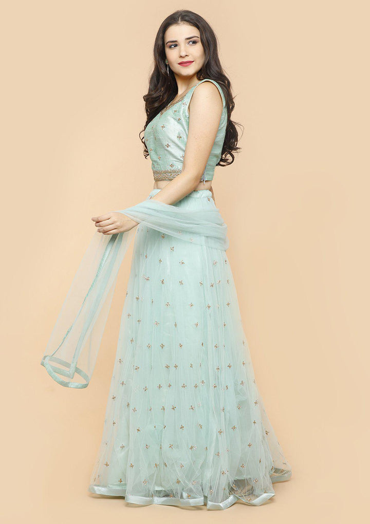 Sea Green Embellished Silk Designer Lehenga-Koskii