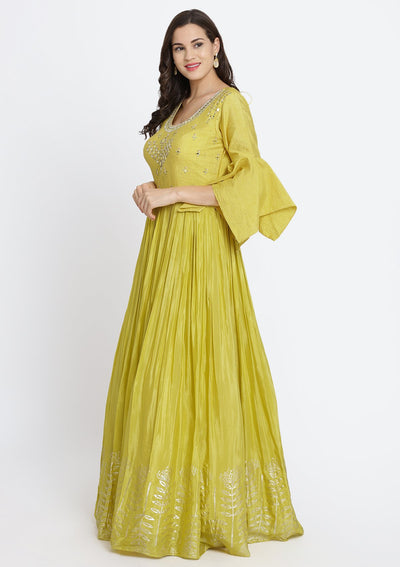 Yellow Mirrorwork Satin Designer Gown-Koskii