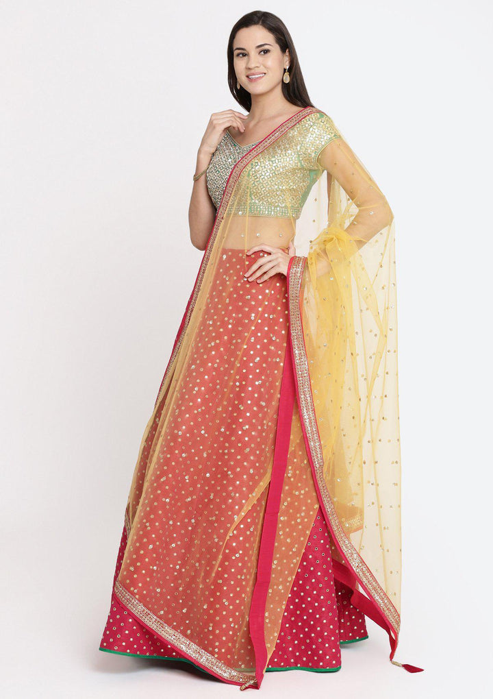 Fuschia and Green Gotapatti Raw Silk Designer Lehenga-Koskii