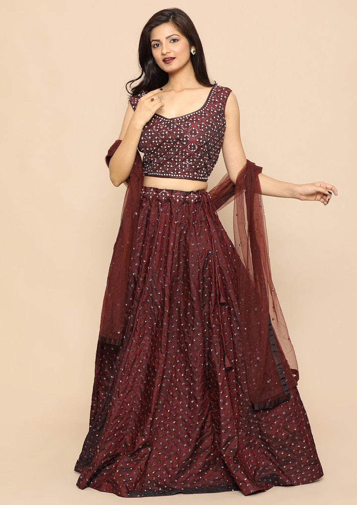 Brown Sequinned Silk Designer Lehenga-Koskii
