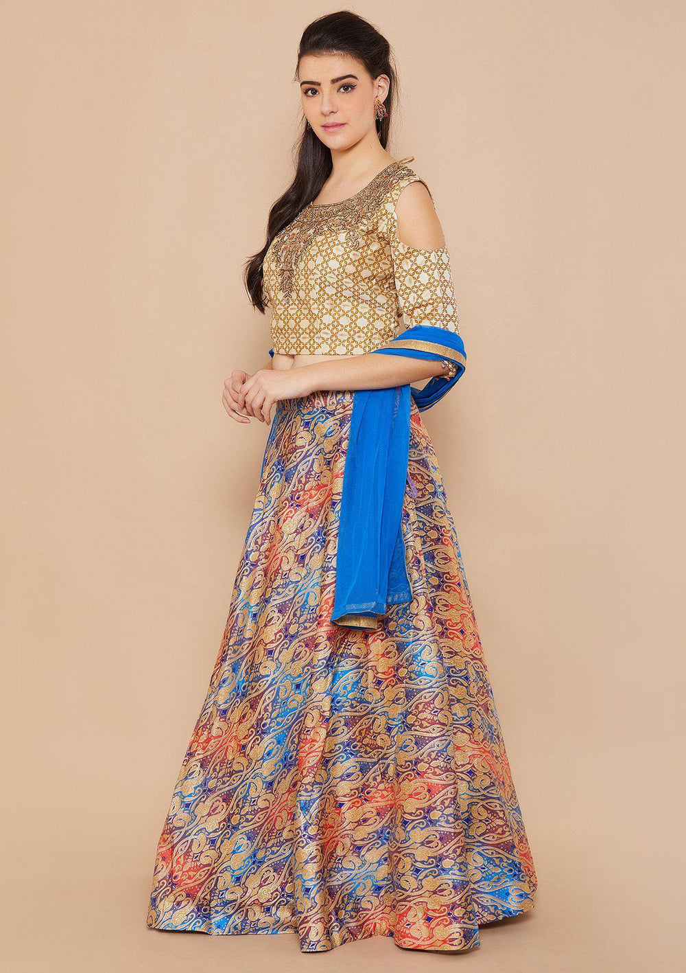Blue and Cream Brocade Designer Lehenga-Koskii