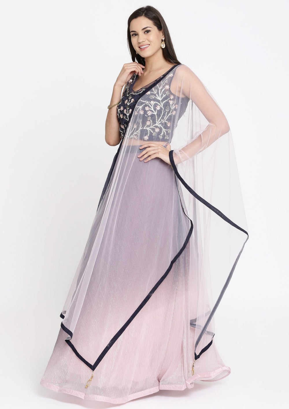 Onion Pink Silver Stonework Lycra Designer Lehenga-Koskii