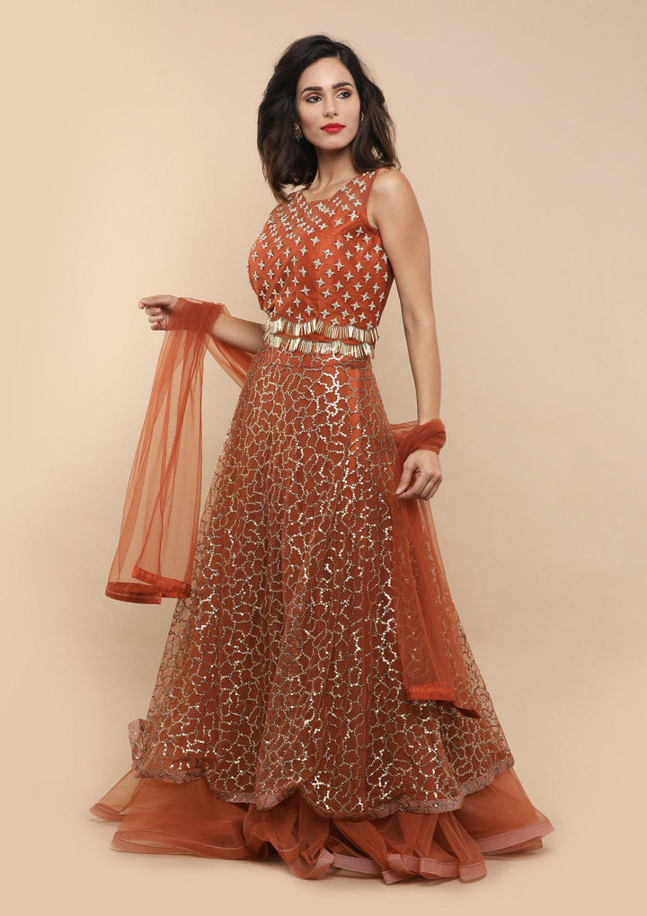 Rusty Orange Sequinned Silk Designer Lehenga-Koskii