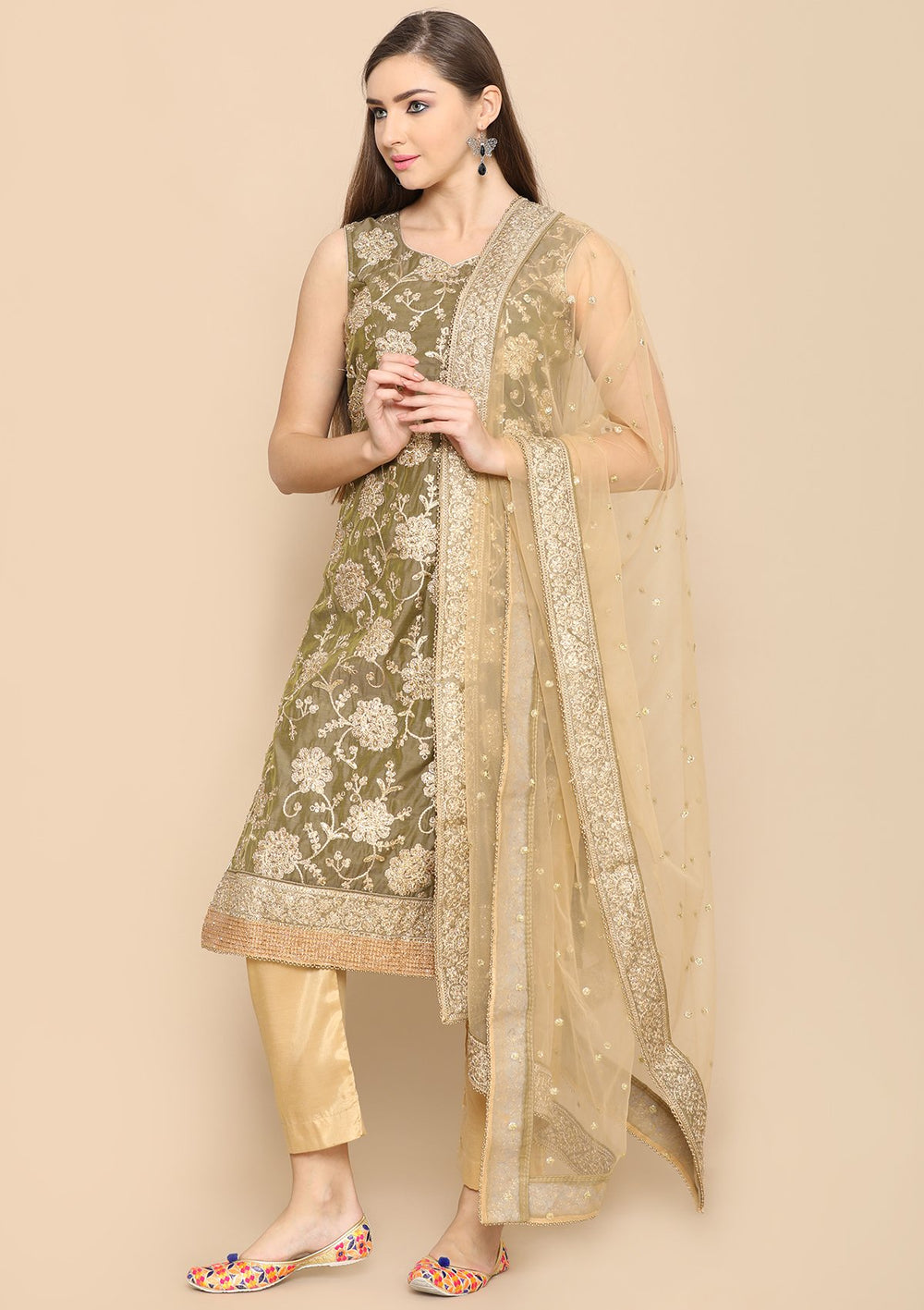 green sequinned designer salwar suit-Koskii