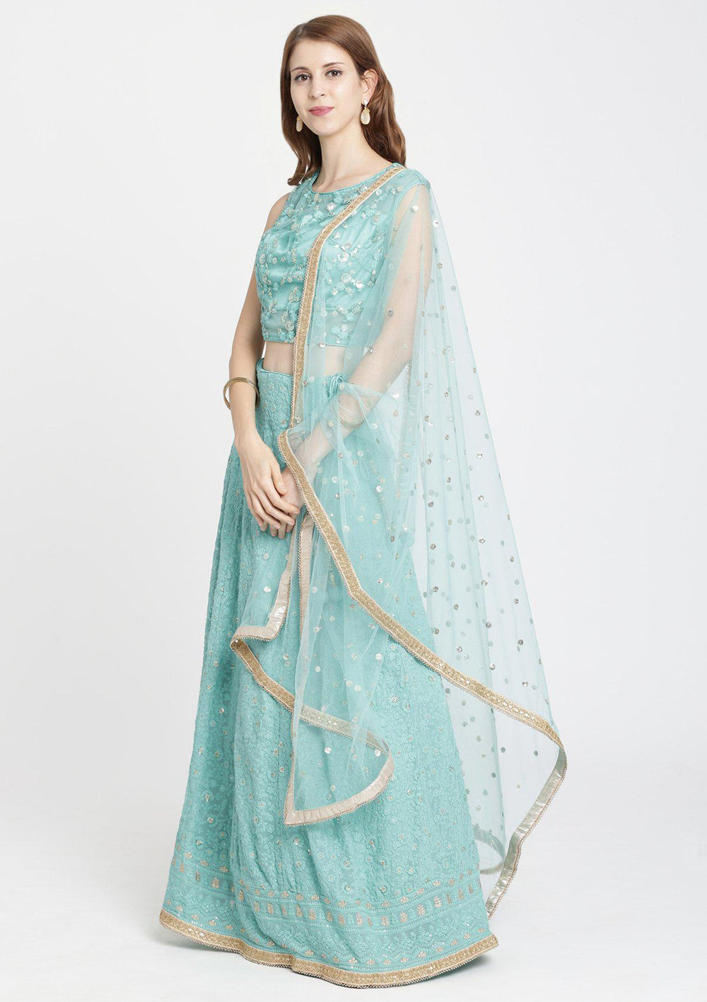 Sea Green Threadwork Chiffon Designer Lehenga-Koskii