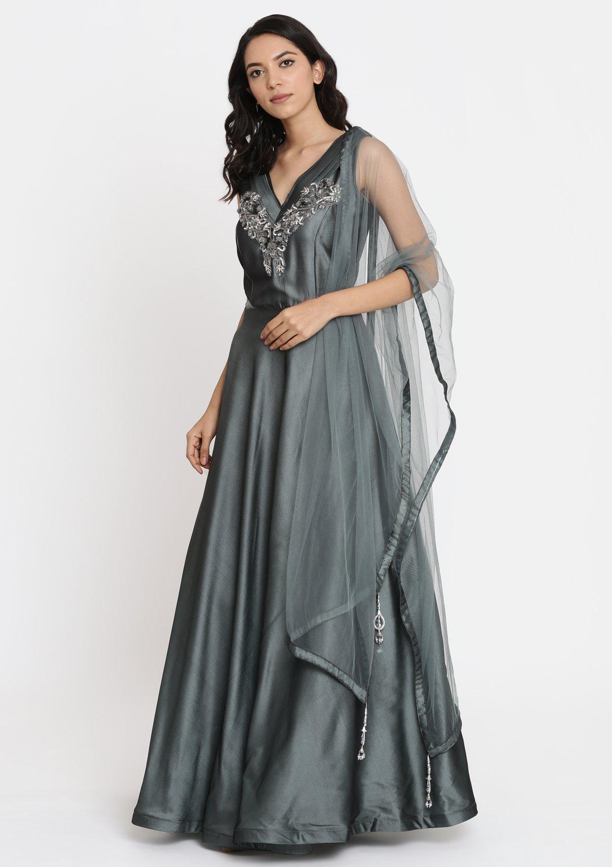 Mehendi Cutdana Taffeta Silk Designer Gown-Koskii