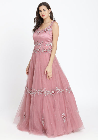 Onion pink Sequinned Net Designer Gown-Koskii
