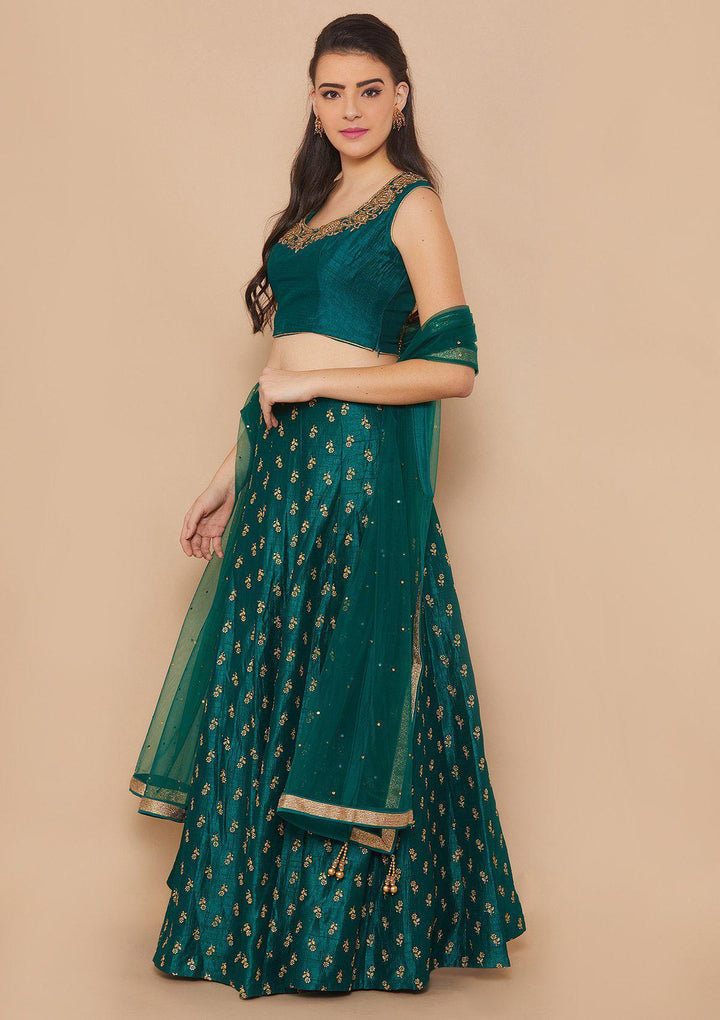 Koskii Zariwork Raw Silk Forest Green Lehenga-Koskii