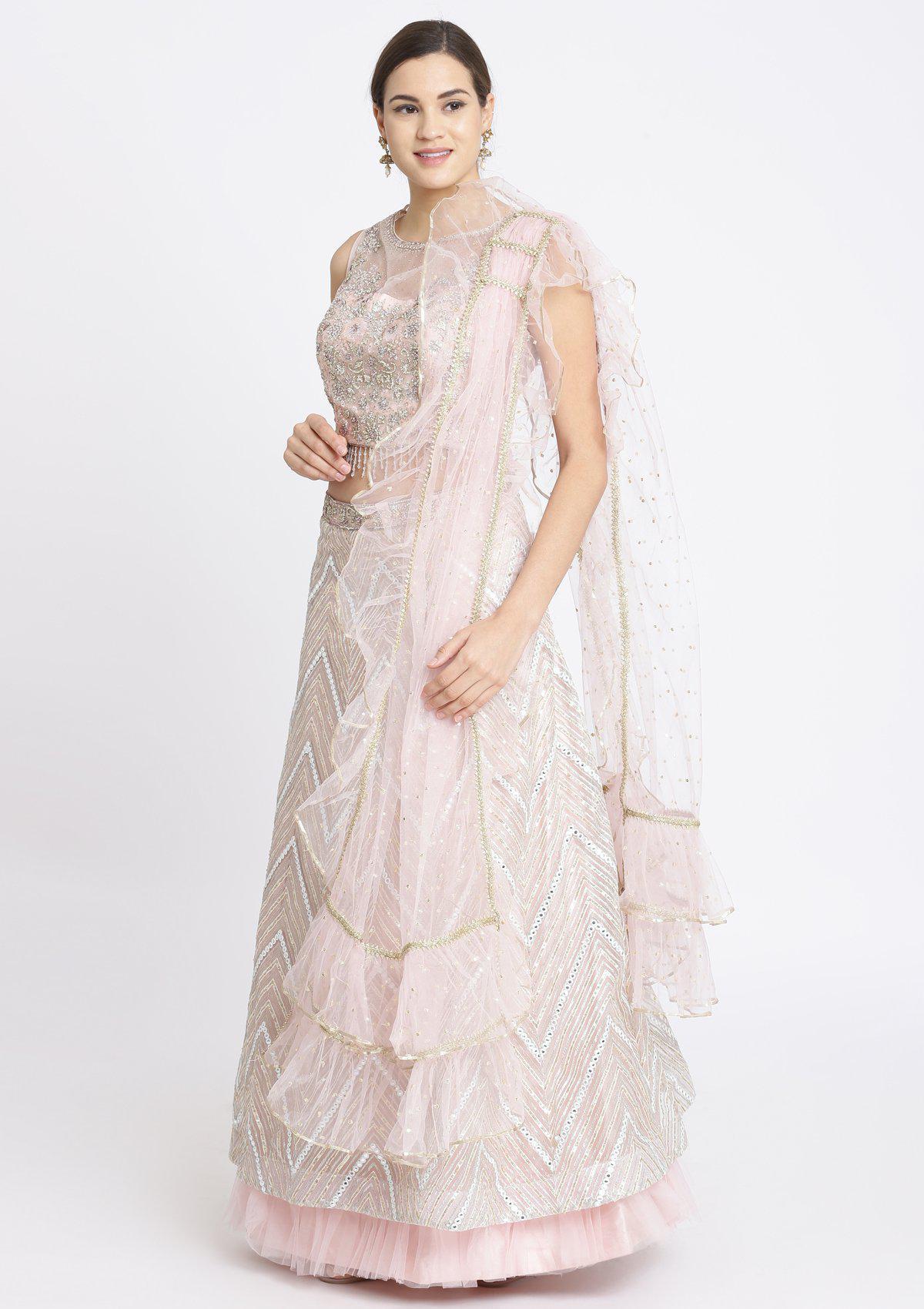 Baby Pink Silver Stonework Net Designer Lehenga-Koskii