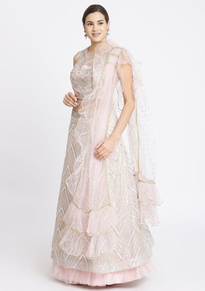 Baby Pink Silver Stonework Net Designer Lehenga-Koskii