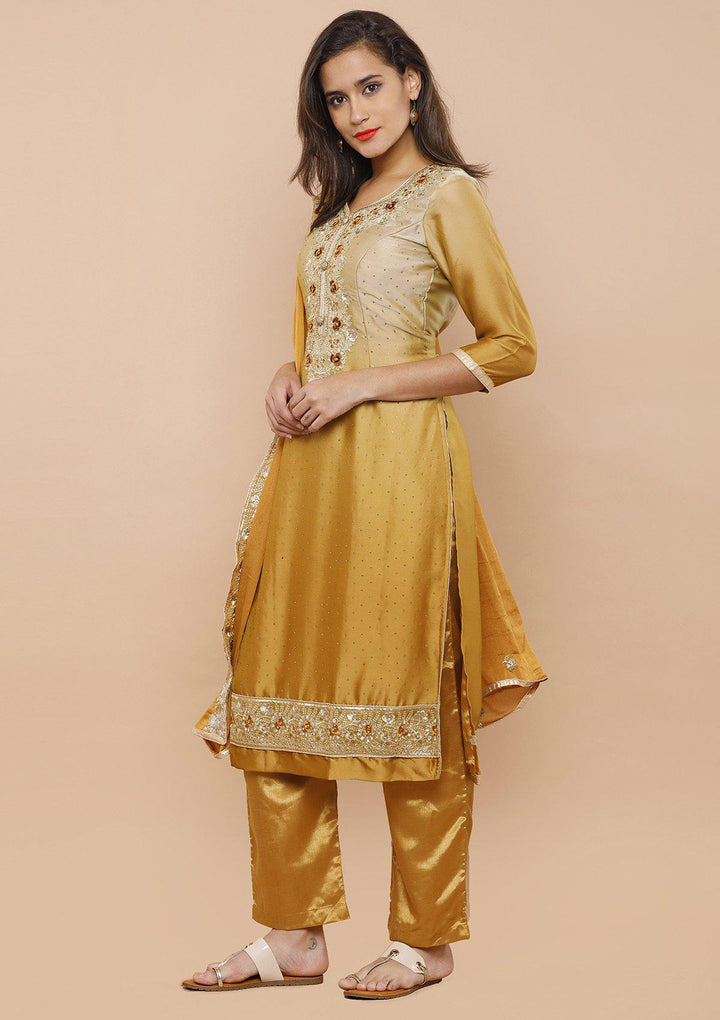 Mustard and Beige Silk Designer Salwar Suit-Koskii