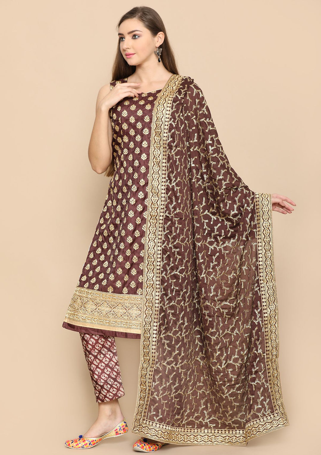 brown and gold designer salwar suit-Koskii
