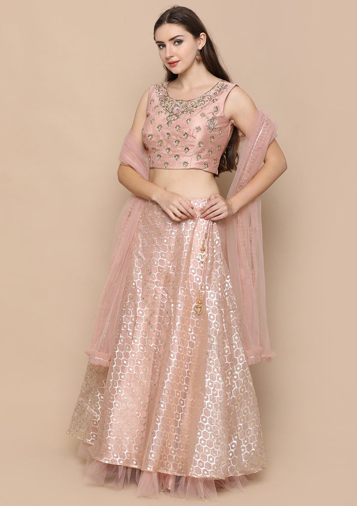 Peach Pink Zardozi Work Brocade Designer Lehenga-Koskii