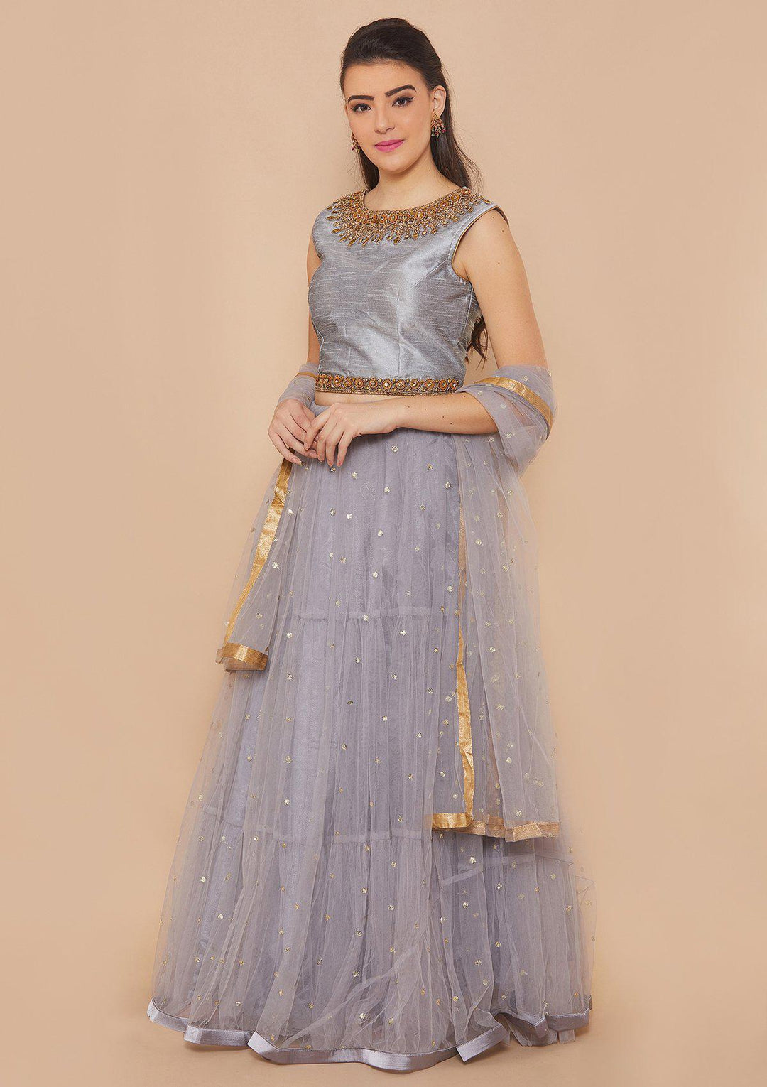 Grey Stonework Net Designer Lehenga-Koskii