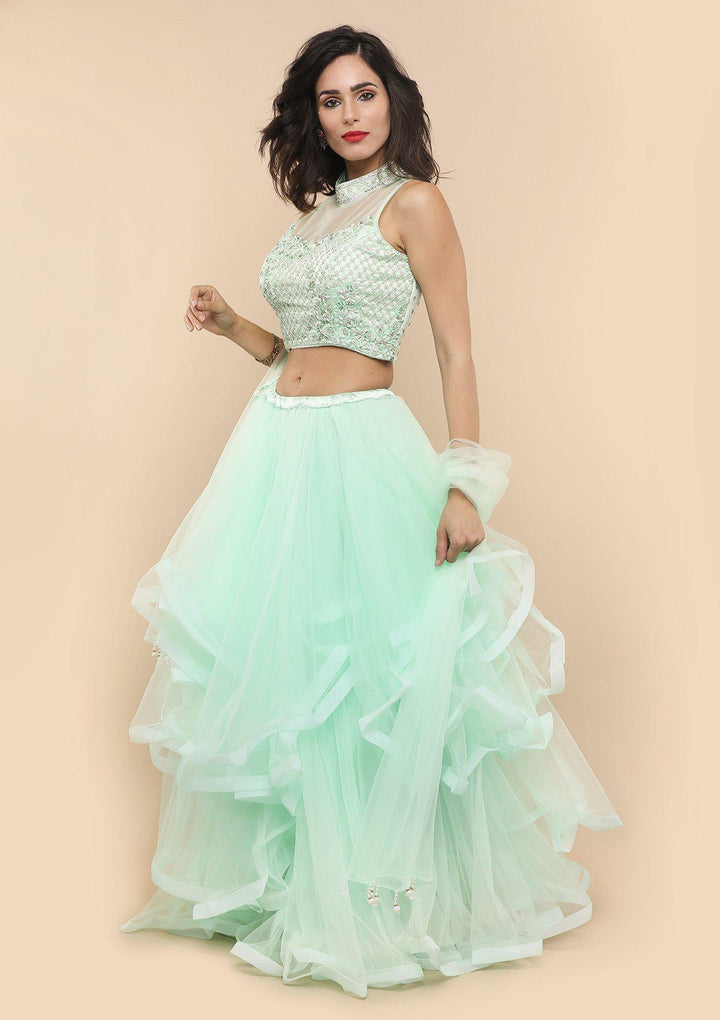 Pista Embellished Tiered Net Designer Lehenga-Koskii