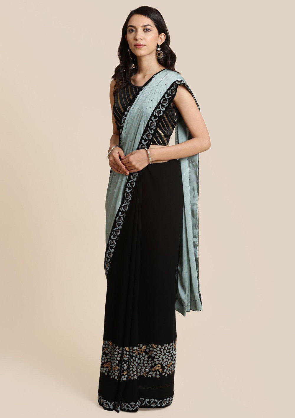 Black and Sea Green Swarovski Georgette Designer Saree-Koskii