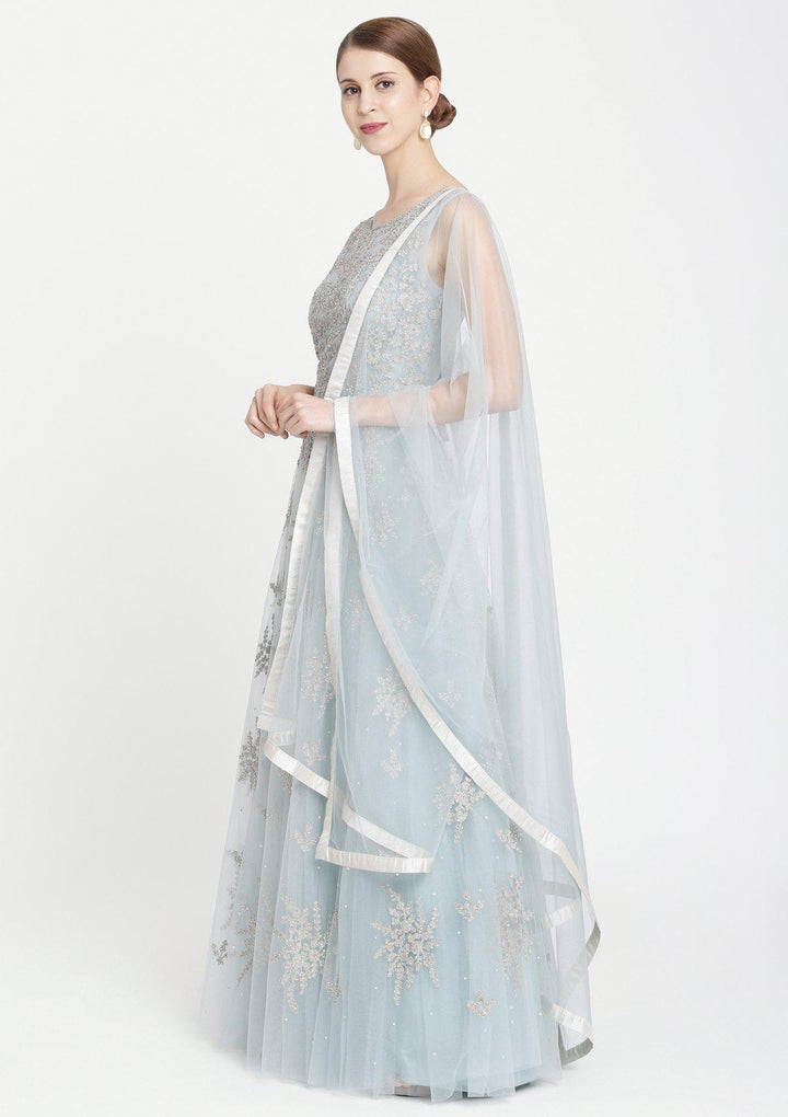 Sea Green Sequins Net Designer Gown-Koskii