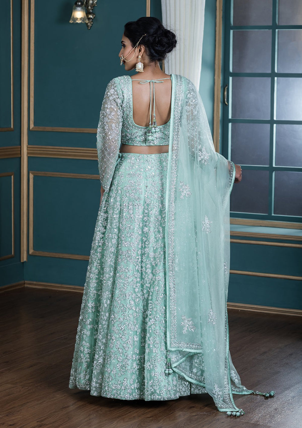 Pista Green Sequinned Net Designer Lehenga-Koskii