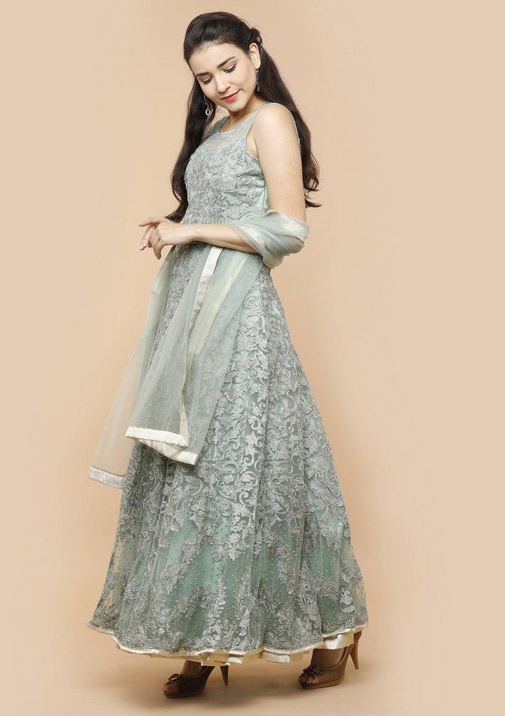 Teal Green Threadwork Net Designer Gown-Koskii