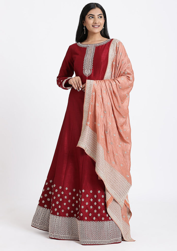 Maroon Zariwork Rawsilk Designer Gown-Koskii