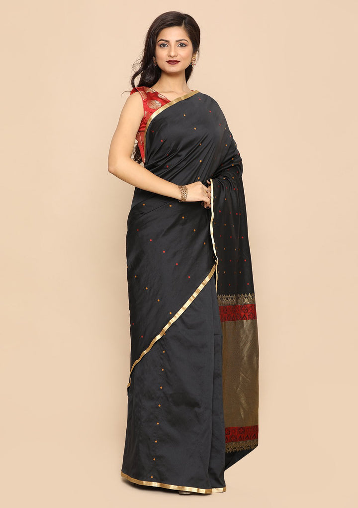 Black and Red Handwoven Saree-Koskii